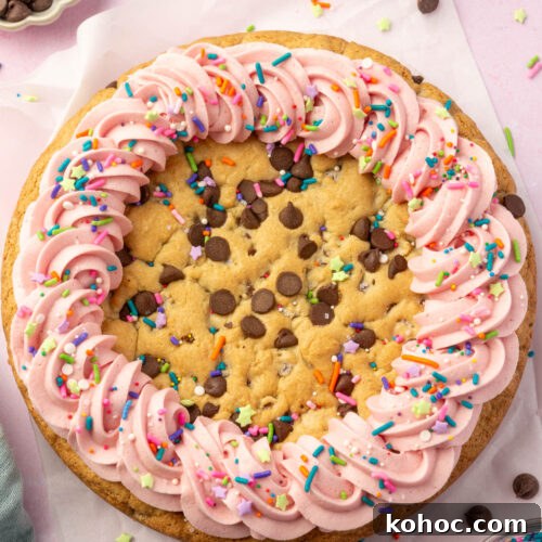 Gluten-Free Cookie Cake Recipe — Soft, Chewy Dessert Cake 6 Gluten-free cookie cake decorated with pink buttercream swirls and colorful sprinkles, styled on parchment with chocolate chips and a dish towel nearby.