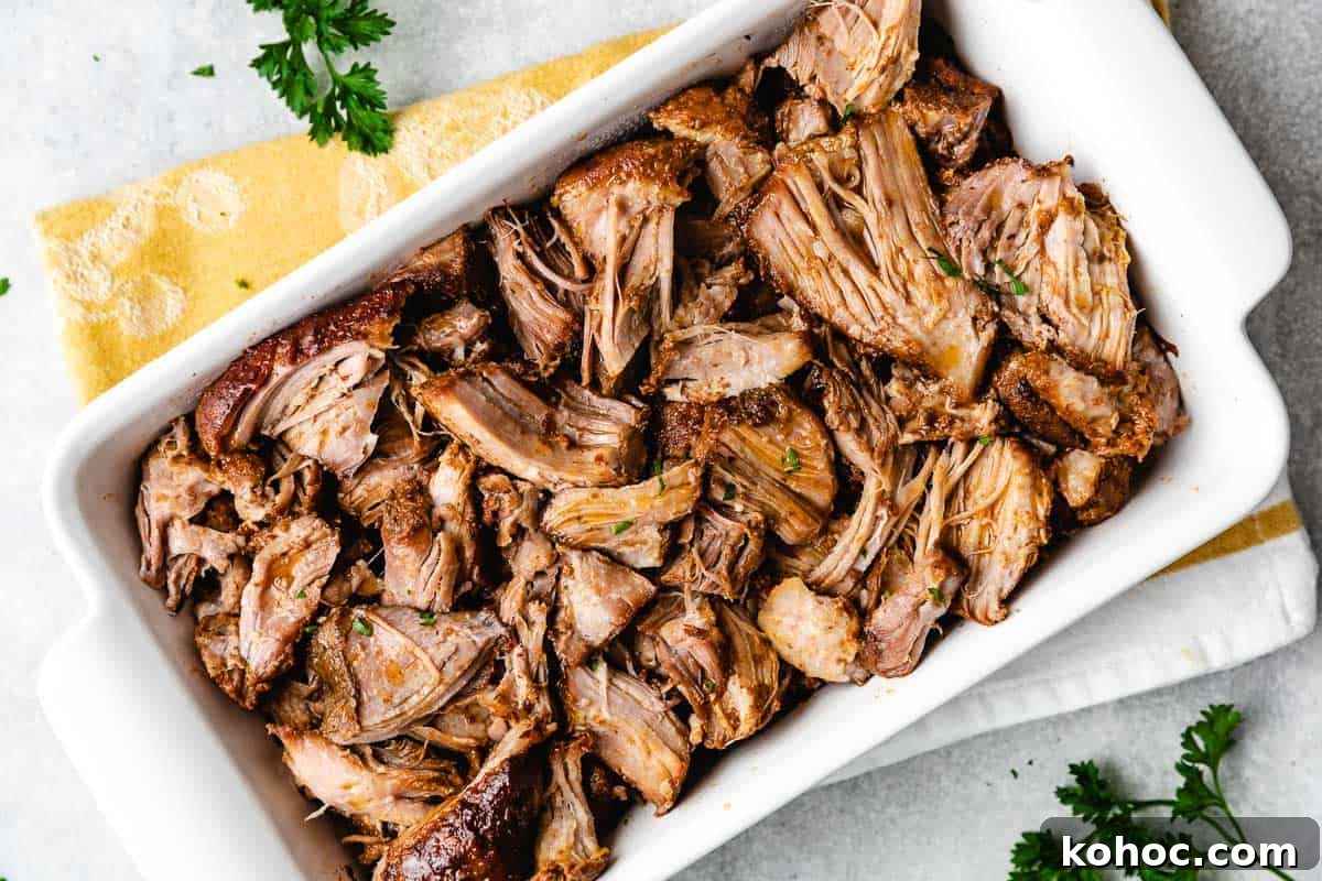 Top down view of crockpot country style ribs in a dish.