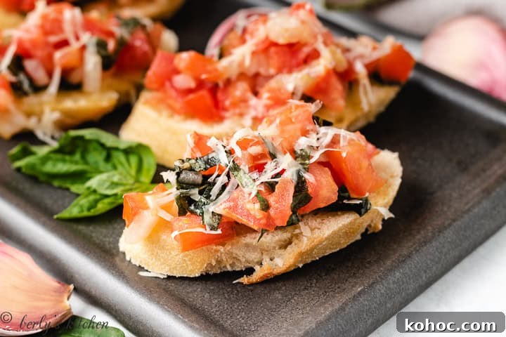 Classic bruschetta on toasted baguette.