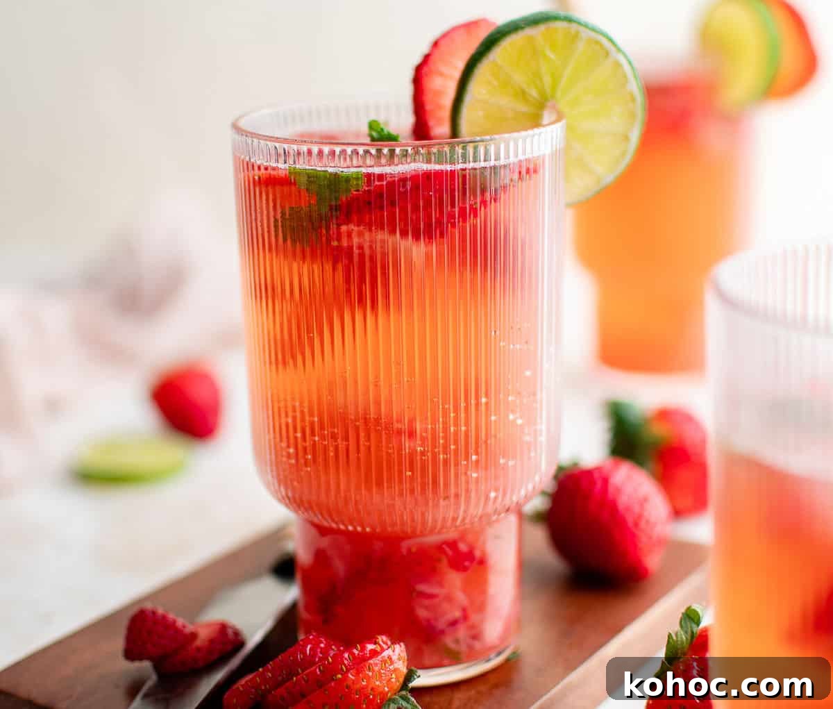 Side view of a strawberry mojito on a wooden board.