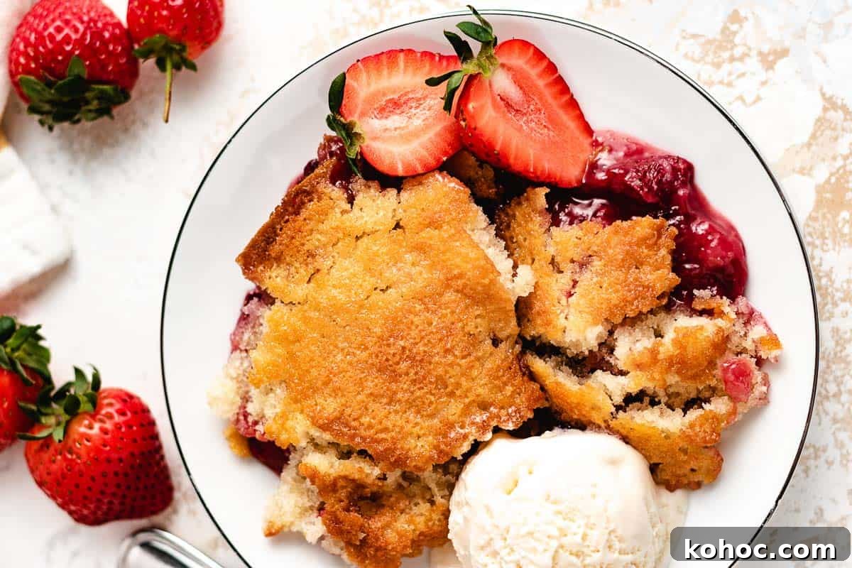 Top down view of strawberry cobbler with ice cream.