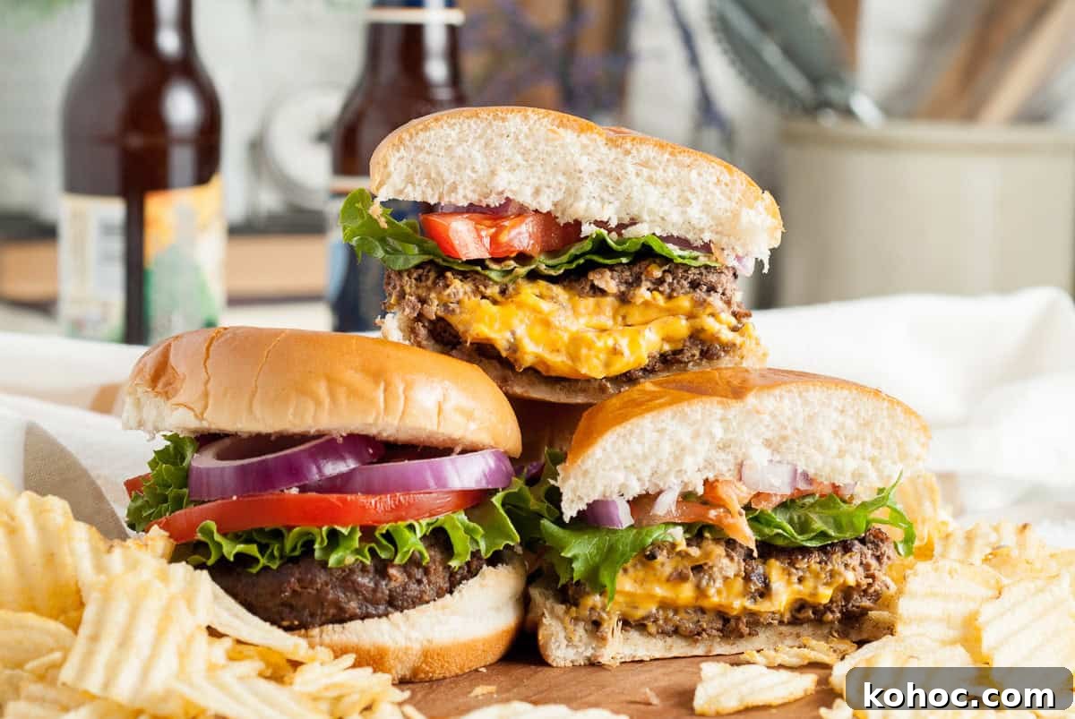 Juicy lucy burgers in a stack.