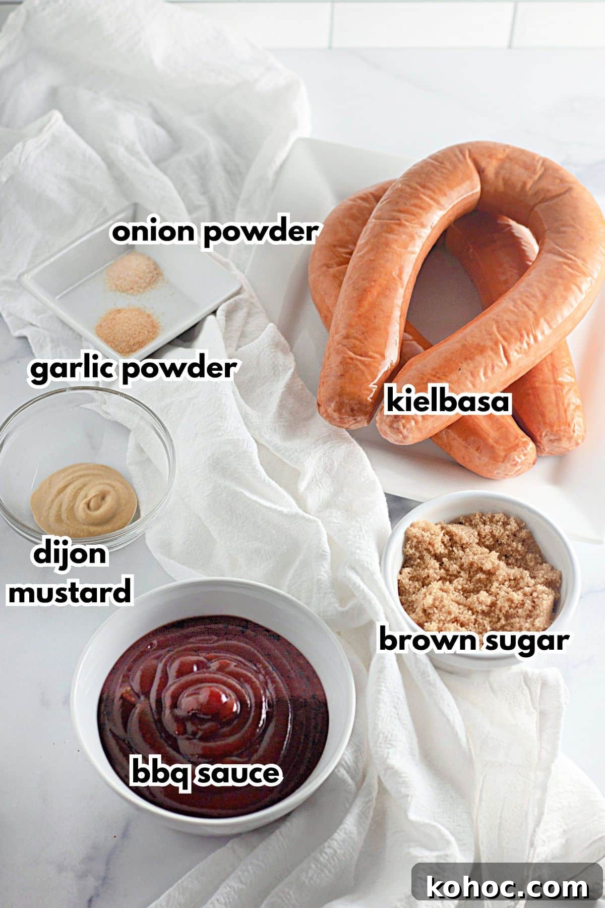 Oven-Baked BBQ Kielbasa Roast: Sweet Glazed Sausage Recipe 4 Ingredients on a counter ready to cook.