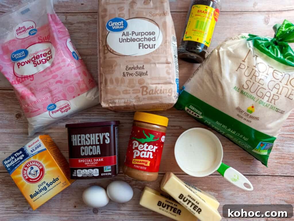 Amish-Style Reese’s Peanut Butter Bars Recipe for Dessert 2 Ingredients: flour, sugar, vanilla, butter, buttermilk, eggs, soda, peanut butter, cocoa, and powdered sugar