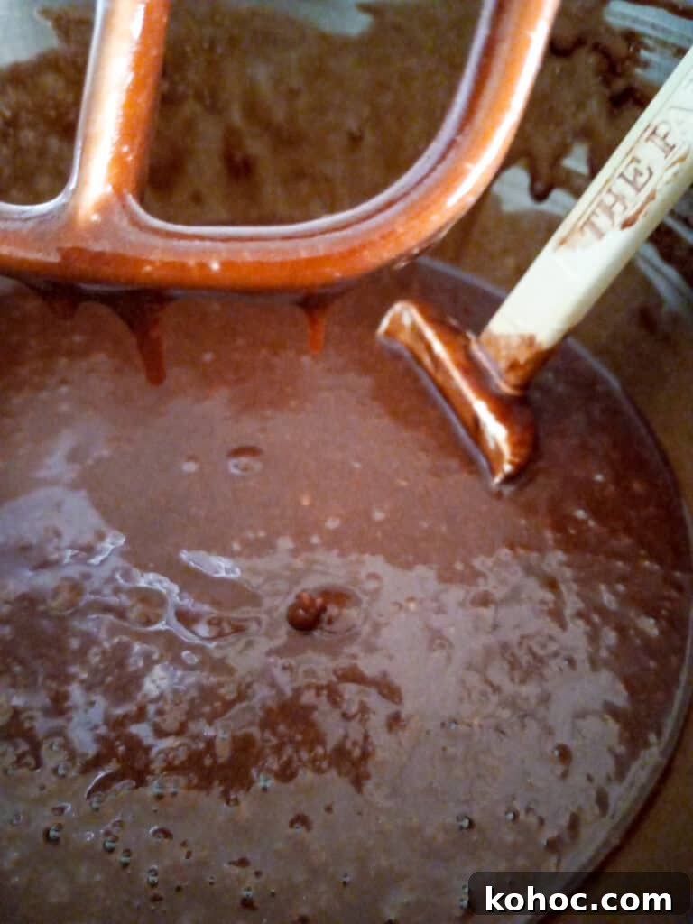 Amish-Style Reese’s Peanut Butter Bars Recipe for Dessert 3 chocolate cake batter in mixing bowl, getting ready to make peanut butter and chocolate bars