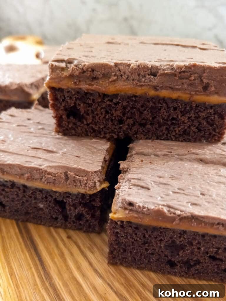 Amish-Style Reese’s Peanut Butter Bars Recipe for Dessert 9 chocolate peanut butter bars stacked on a board