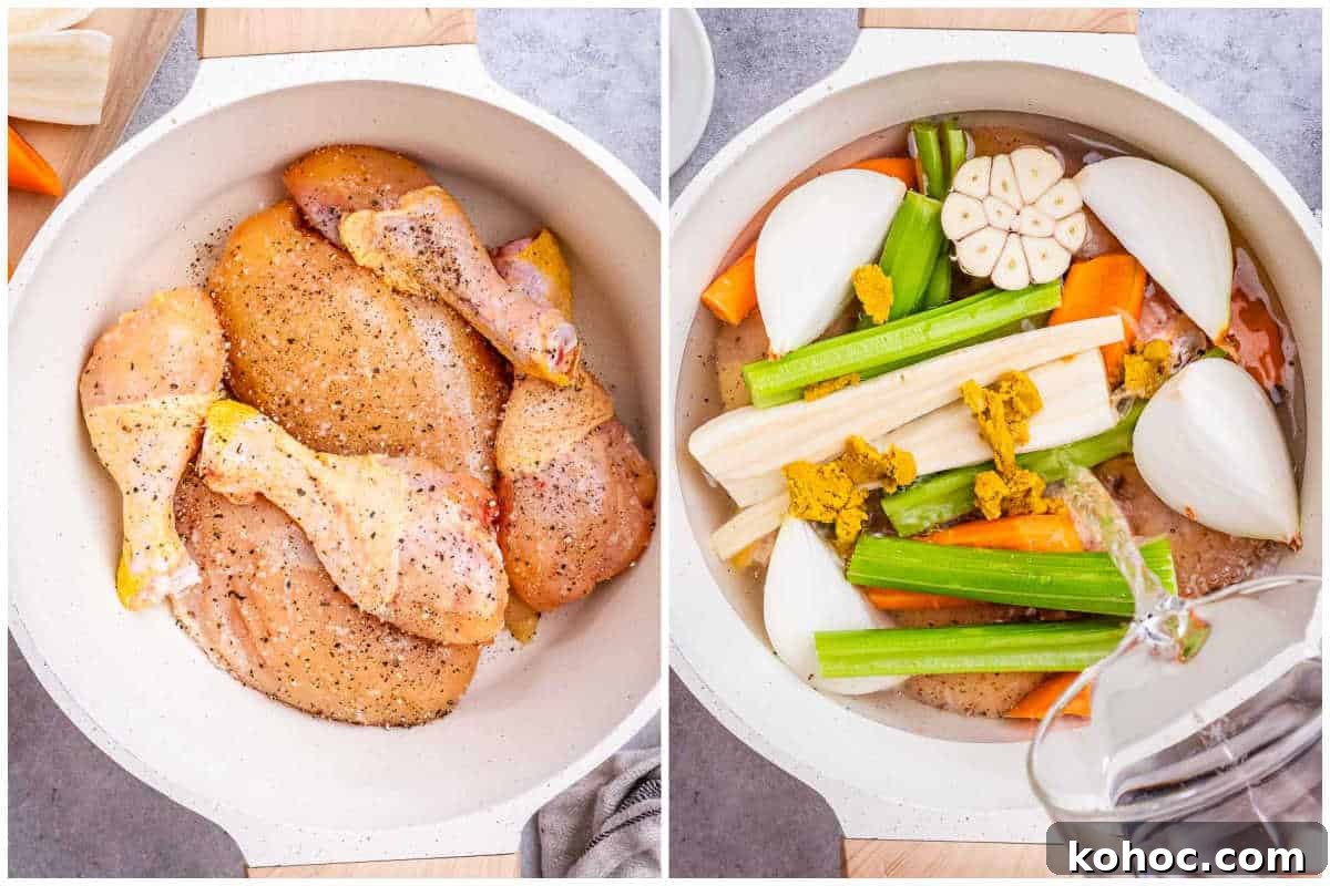 Classic Matzo Ball Soup Recipe: Cozy Homemade Comfort Soup 5 process shot to season chicken legs and adding veggies to a pan to prepare the soup.