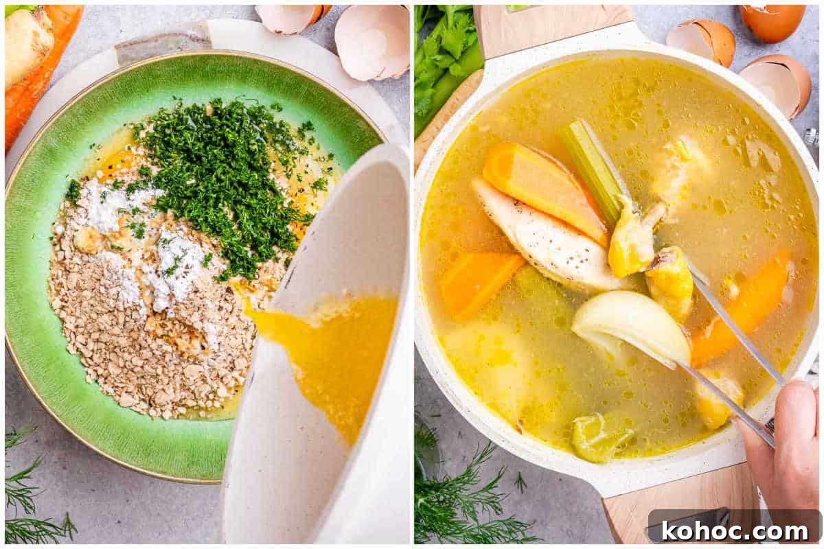 Classic Matzo Ball Soup Recipe: Cozy Homemade Comfort Soup 6 process shot to make the matzo ball and cooking the chicken in with the veggies in a broth in pot.