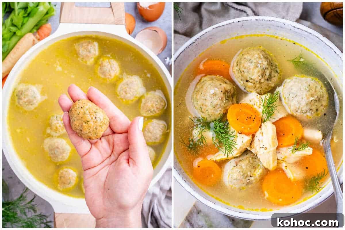 Classic Matzo Ball Soup Recipe: Cozy Homemade Comfort Soup 7 adding the matzo ball in the soup, cooking, and serving in a bowl.