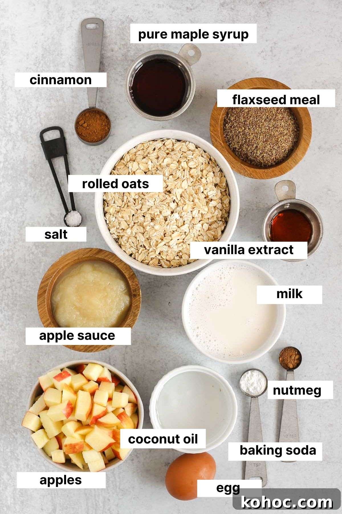 Apple Cinnamon Baked Oatmeal Recipe for Cozy Breakfasts 3 Labeled ingredients for apple cinnamon baked oatmeal.