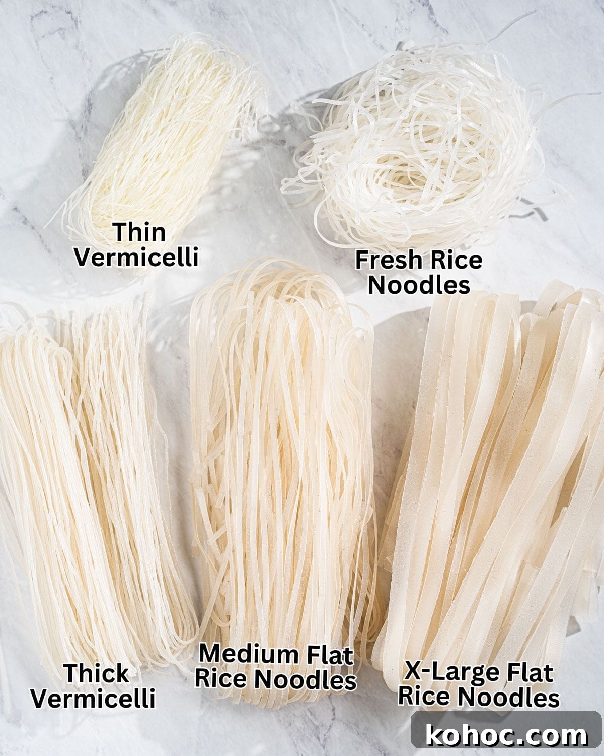 Perfect Rice Noodles: How to Cook Them Without Overcooking 3 5 different types of rice noodles on a marble surface. There's thin vermicelli, thick vermicelli, fresh rice noodles (pho), dried medium flat rice noodles, and dried extra large flat rice noodles.