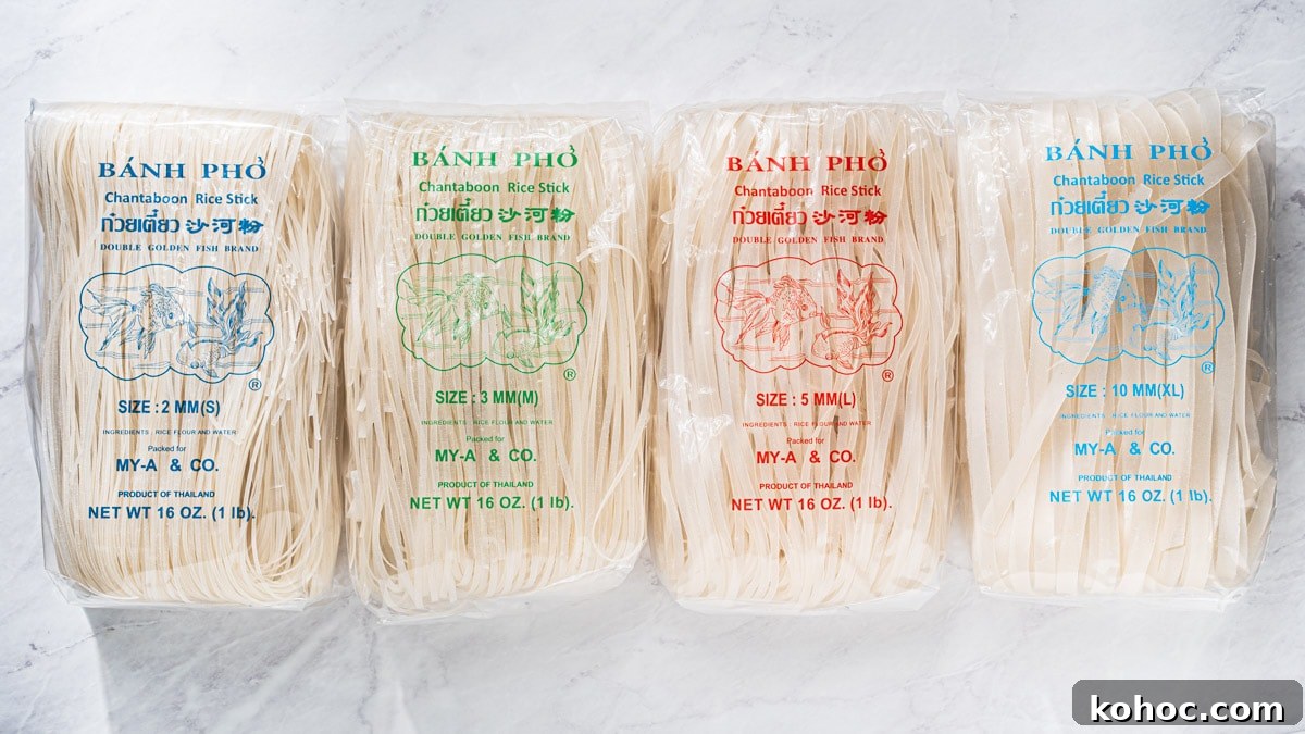 Perfect Rice Noodles: How to Cook Them Without Overcooking 5 Dried flat rice noodles in 4 different sizes: small, medium, large, and extra large.