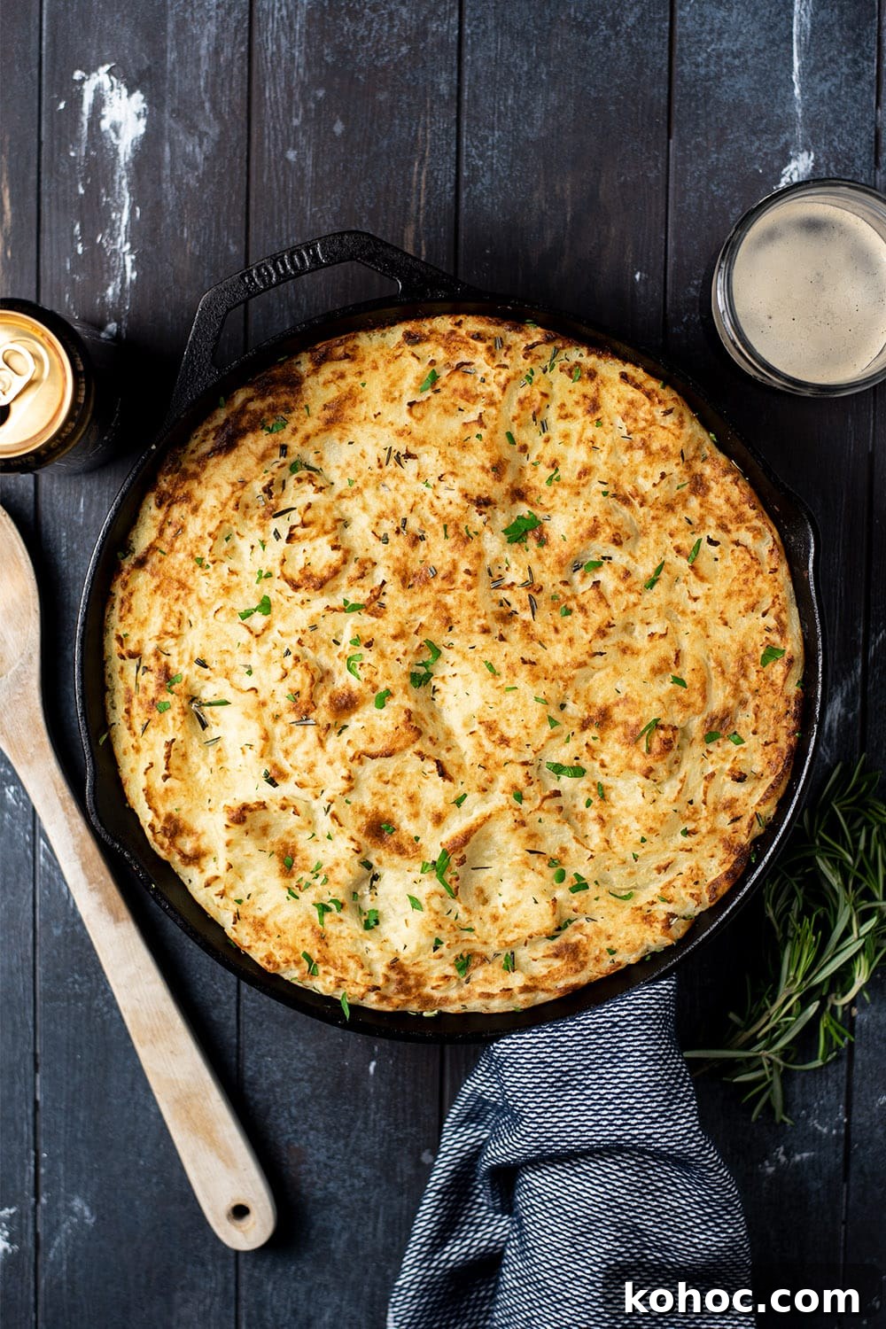Skillet Shepherd's Pie with Crispy Potato Topping 2 Classic Shepherd's pie in a cast iron skillet topped with crispy golden seared mashed potatoes.