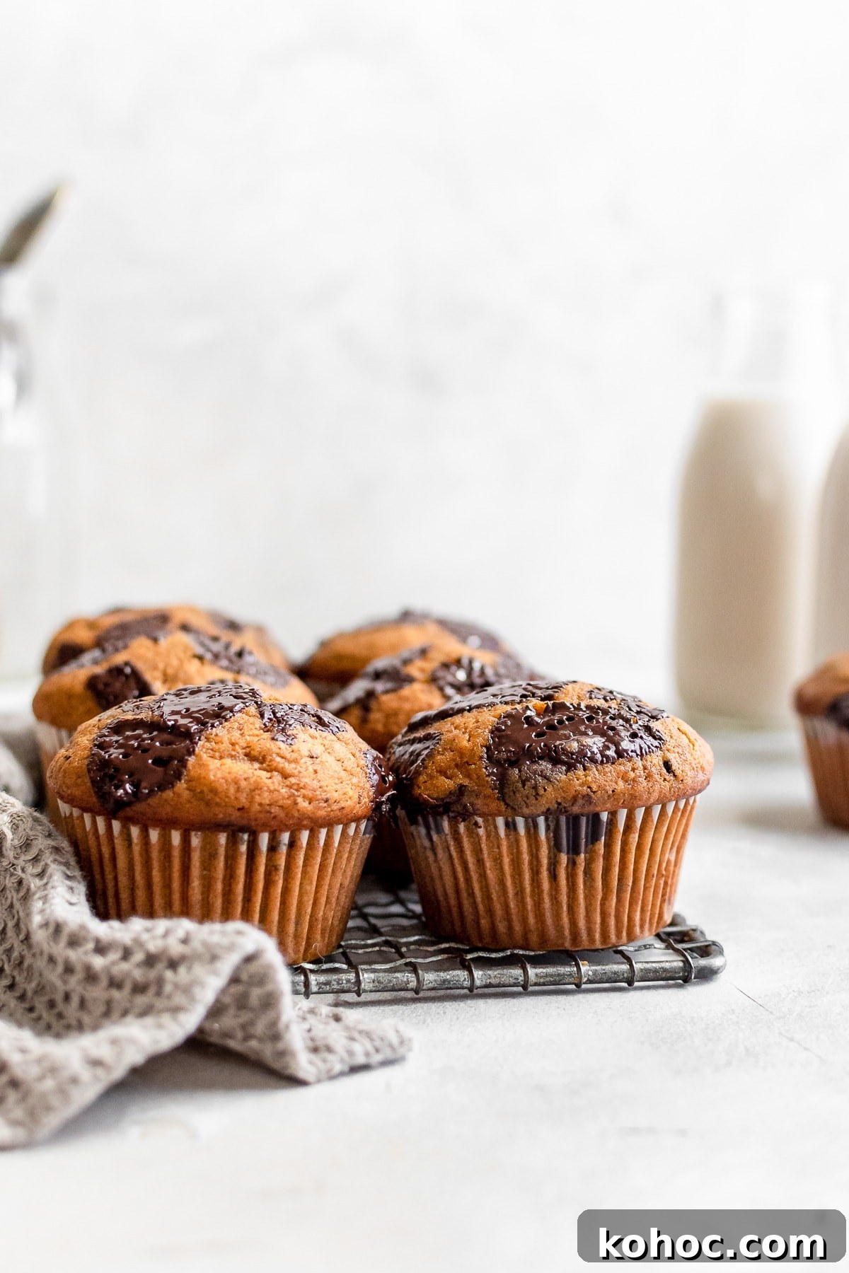 Moist Pumpkin Chocolate Chip Muffins 2 pumpkin muffins on wire rack with milk bottle in background