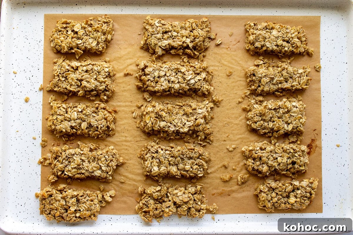 Baked Nut-Free Granola Bars Recipe 6 nut free granola bars cut into bar shapes on a parchment lined baking sheet.