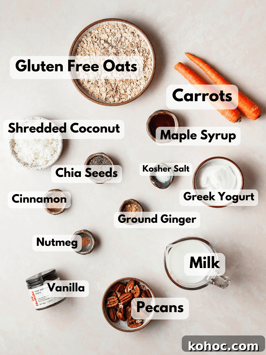 a collage of ingredients needed to make gluten free carrot cake overnight oats