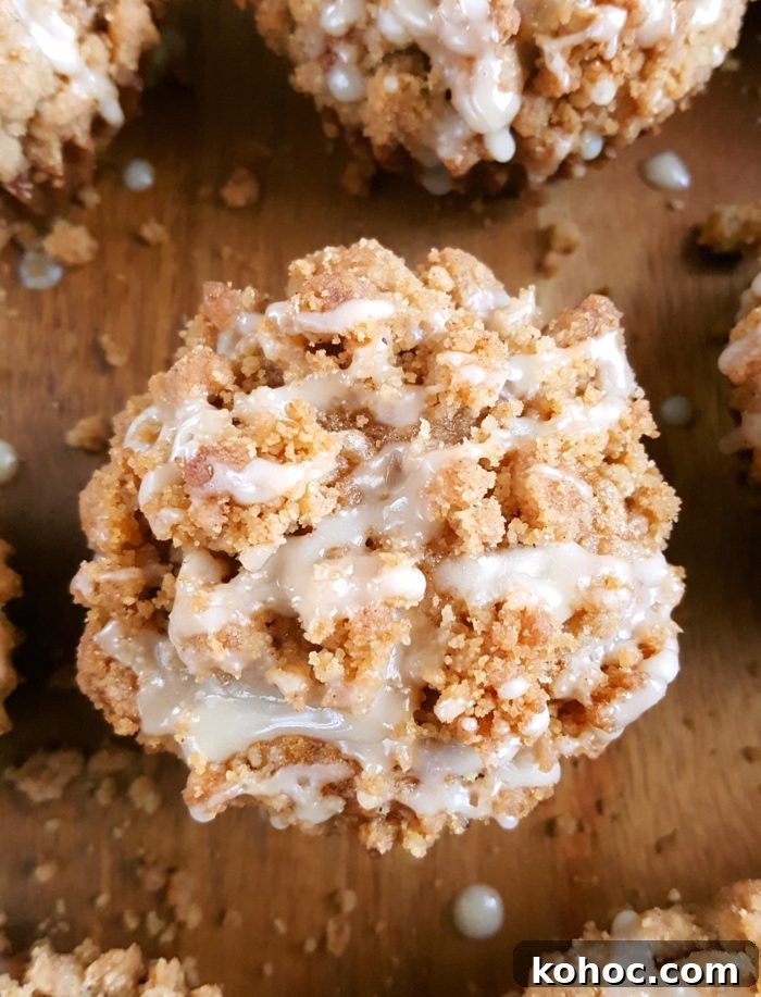 Banana Bread Coffee Cake Muffins 3 Coffee Cake Banana Bread Muffins - crumb topping and glaze close-up.