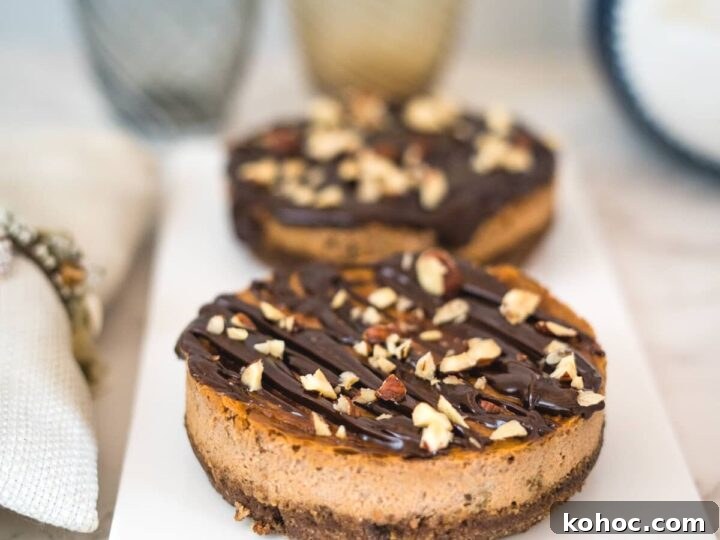 chocolate cheesecakes with a topping of chocolate and nuts on a plate
