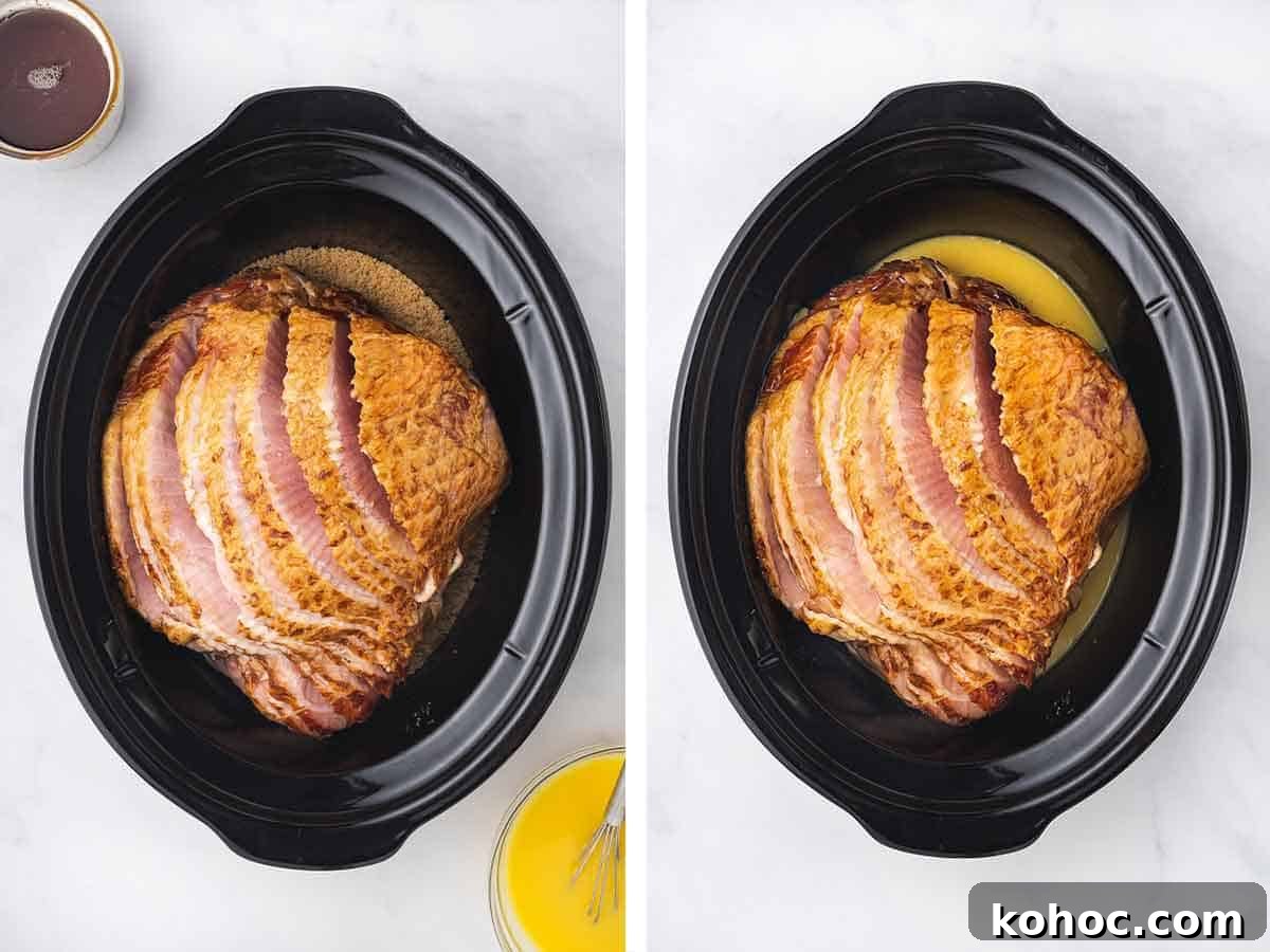 Slow Cooker Ham with Brown Sugar Glaze 5 Set of two photos showing ham added to a slow cooker and liquid added.