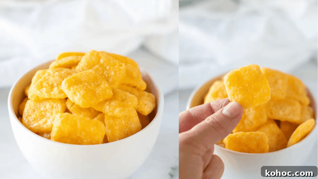 A bowl of gluten-free cheez it crackers next to a photo showing someone holding one of the crackers.