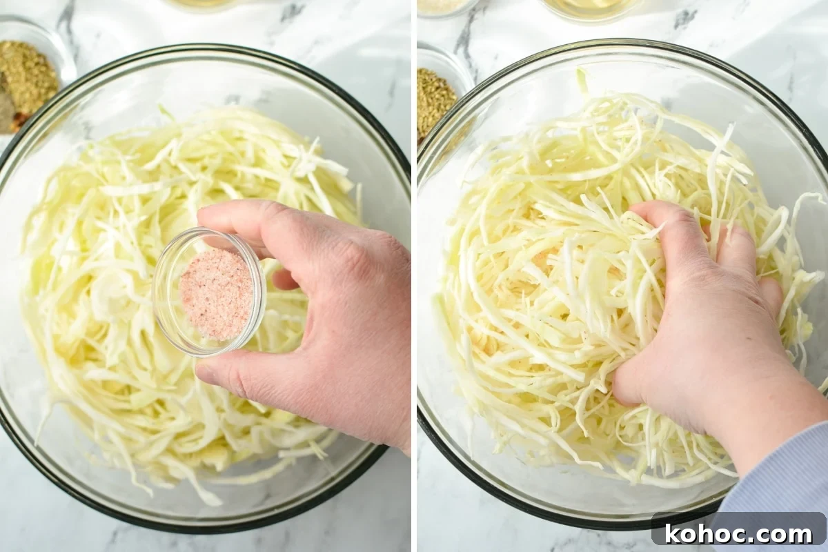 Swedish Pizza Salad: Tangy Cabbage Slaw with Dill 4 Adding salt to a bowl of shredded cabbage.