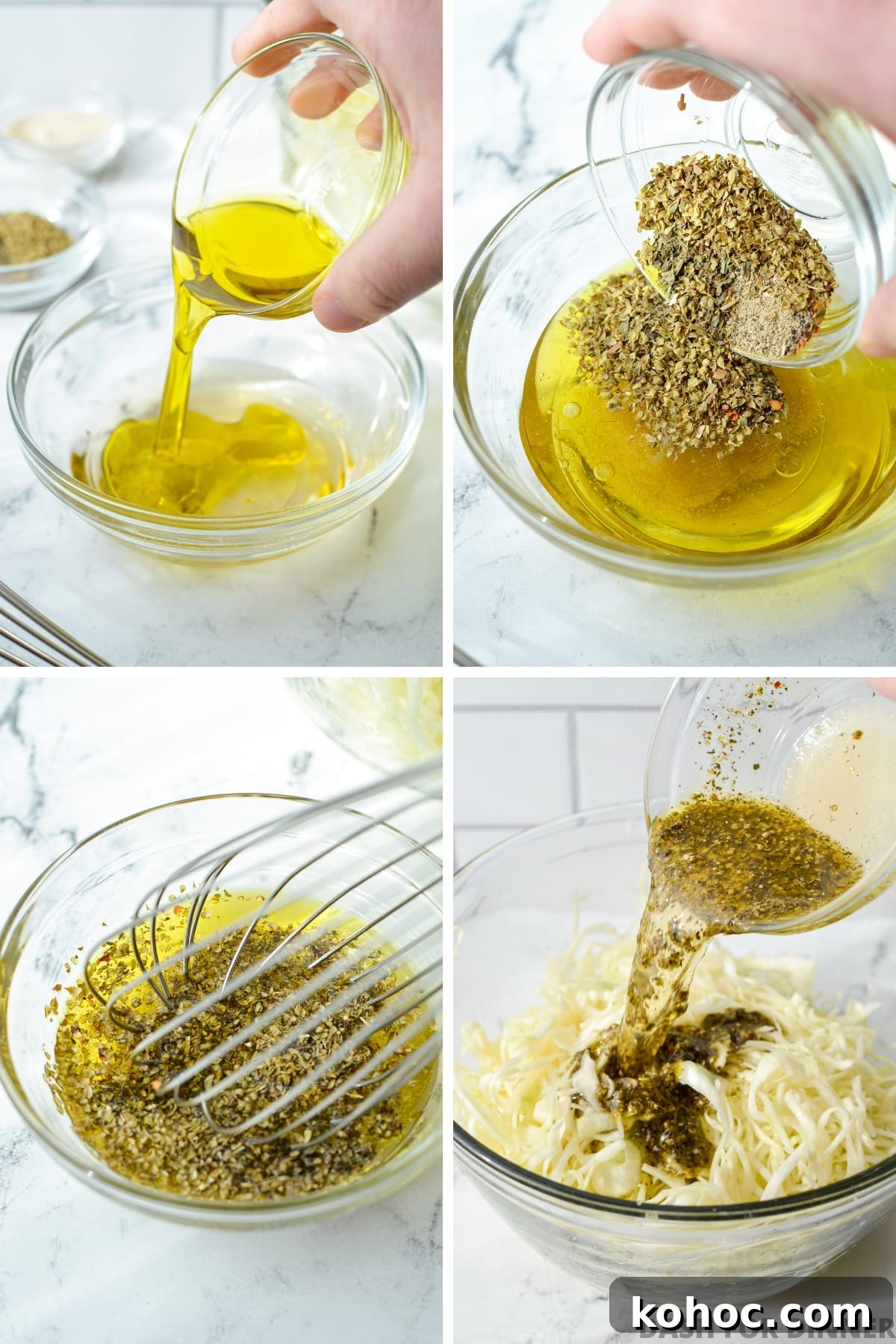 Swedish Pizza Salad: Tangy Cabbage Slaw with Dill 5 Adding oil and spices to a bowl to make a dressing for coleslaw.