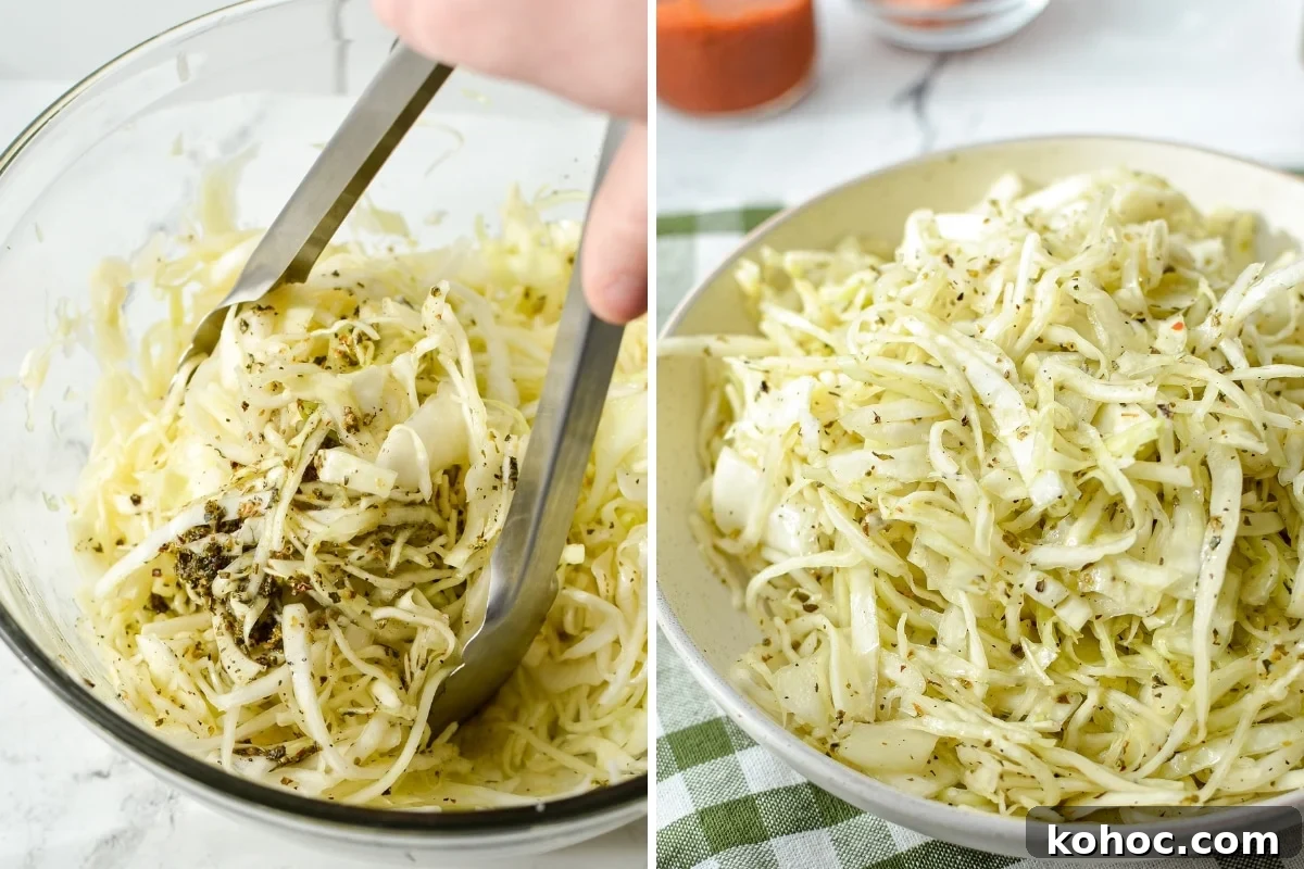 Swedish Pizza Salad: Tangy Cabbage Slaw with Dill 6 Tossing shredded cabbage with dressing.