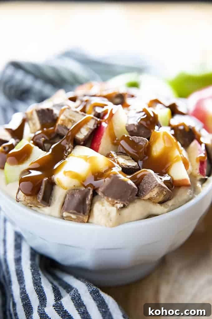 Snickers-Inspired Caramel Apple Dip 3 snickers dip with apples and caramel
