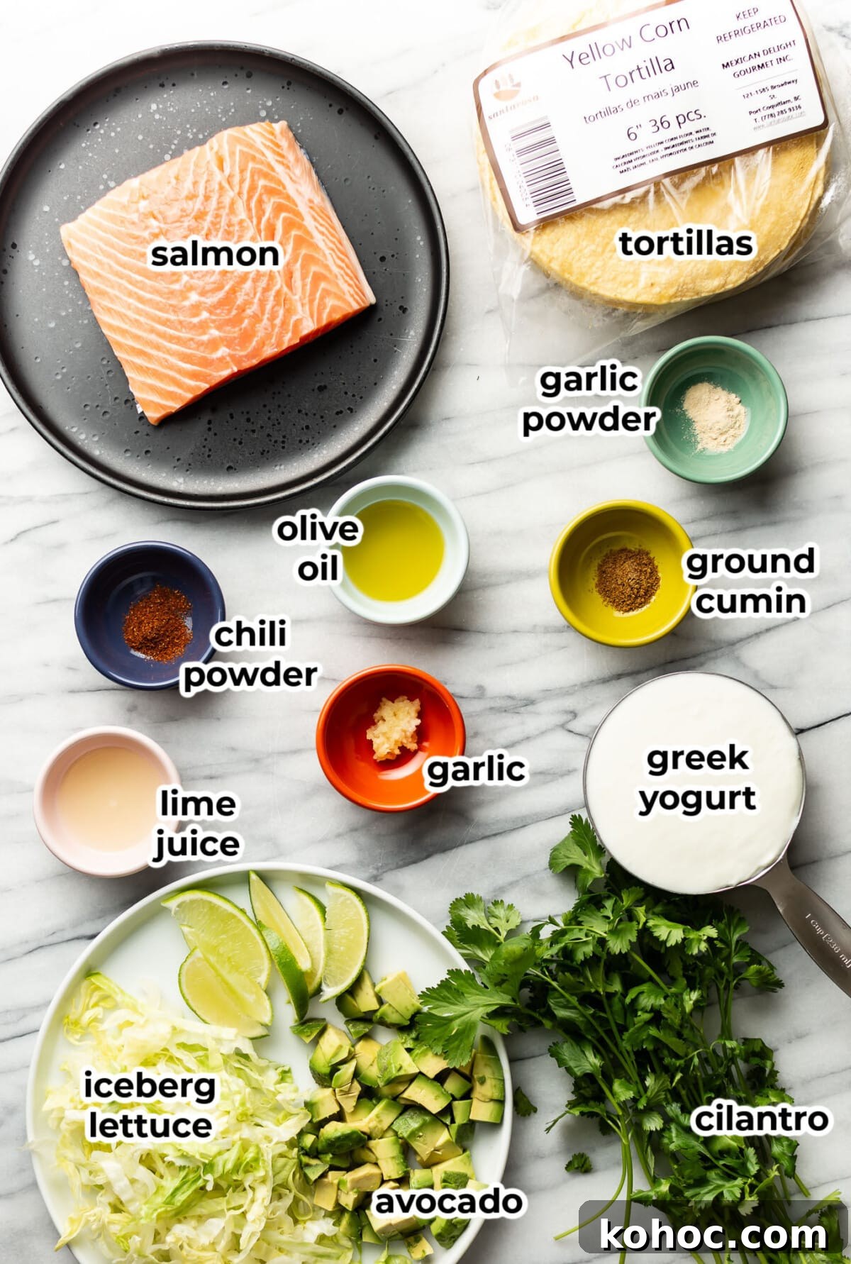 Crispy Baked Salmon Tacos with Lime Slaw 3 ingredients for baked salmon tacos in prep bowls