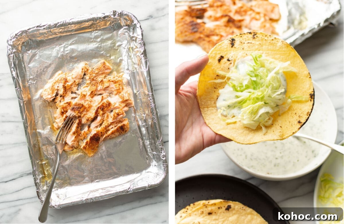 Crispy Baked Salmon Tacos with Lime Slaw 5 flaking salmon with a fork on a baking sheet and assembling tacos