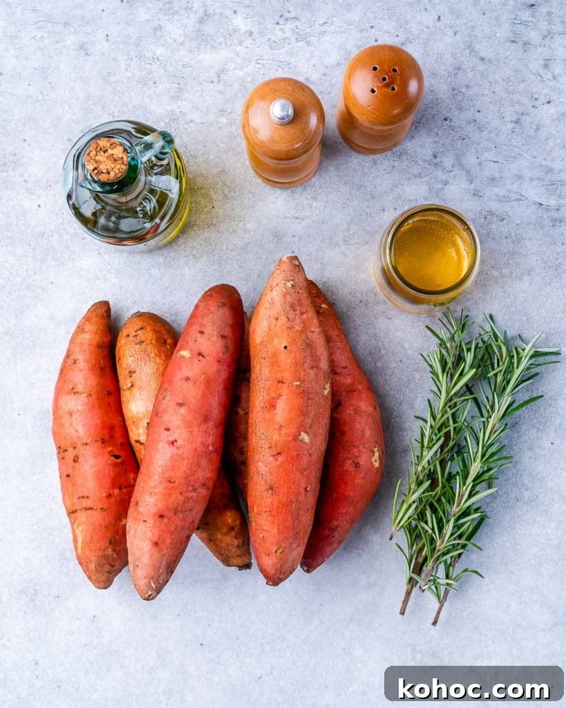 Crispy Roasted Sweet Potatoes with Garlic and Herbs 4 Sweet potatoes with sprigs of rosemary, honey and olive oil.