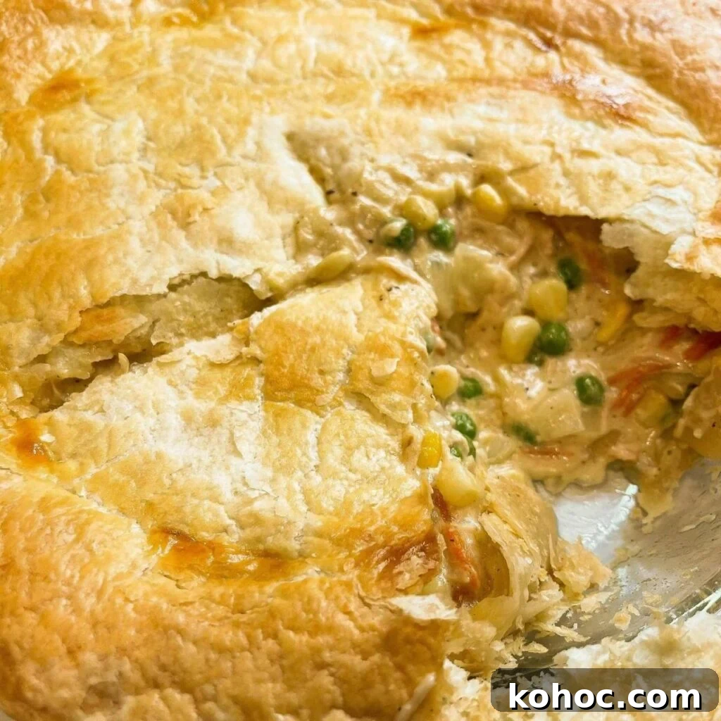 Homestyle Creamy Chicken Pot Pie Recipe 2 Close up of creamy chicken pot pie.